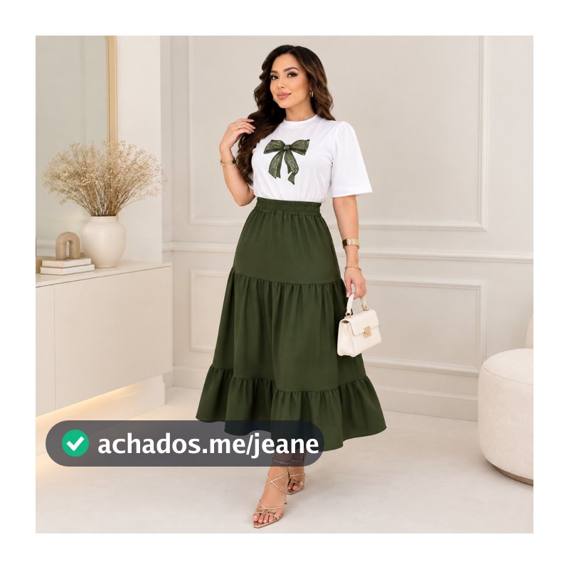 Conjunto Feminino Saia Babado + Blusa T-Shirt Estampada 100% Algodão | Moda Evangélica Cristã | Look Elegante