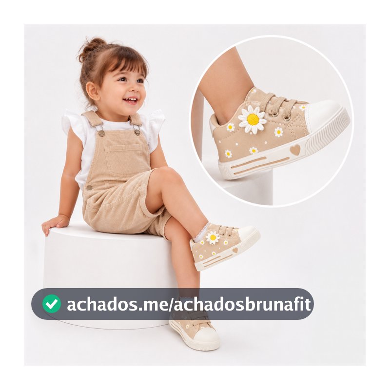 Tênis Bebê Infantil Menina Bege Margaridas Casual Antiderrapante Confortável Primeiros Passos