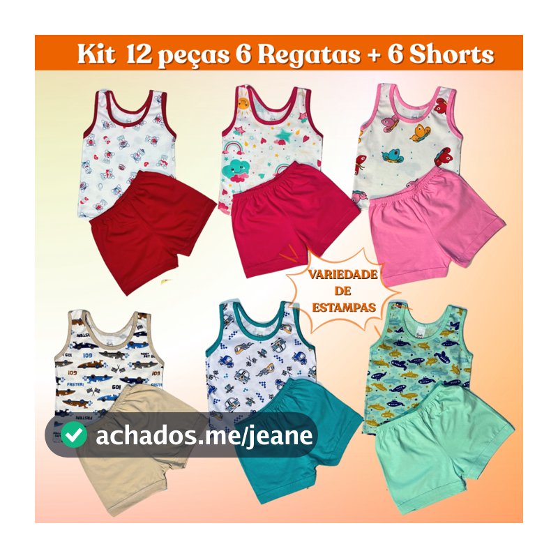 Conjunto Infantil Regata Estampada e Short Liso 100% Algodão  Kit de 6, 3, 2  e 1 Conjuntos