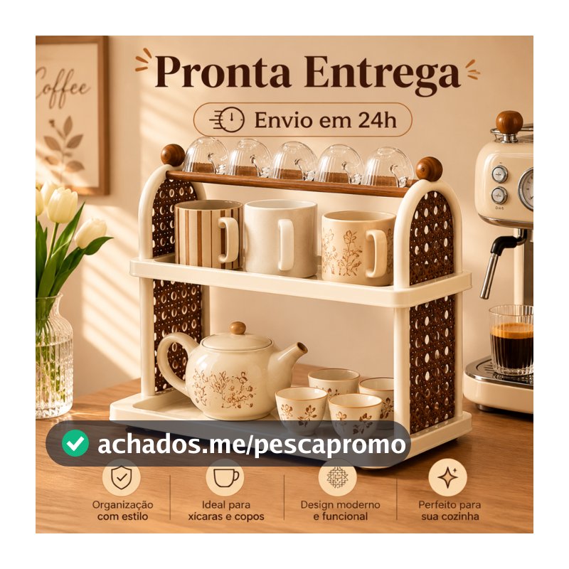 Organizador de Mesa 2 Andares para Xícaras e Canecas, Suporte Plástico Resistente, Para Cozinha, Escritório e Decoração
