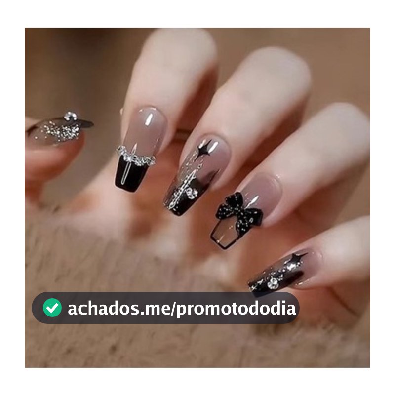 KIT 24/48/72 Unhas C/Cola Postiça Decorada Glitter Bailarina Quadrada Amendoada Francesinha Pintada Unha-INLIS ANA