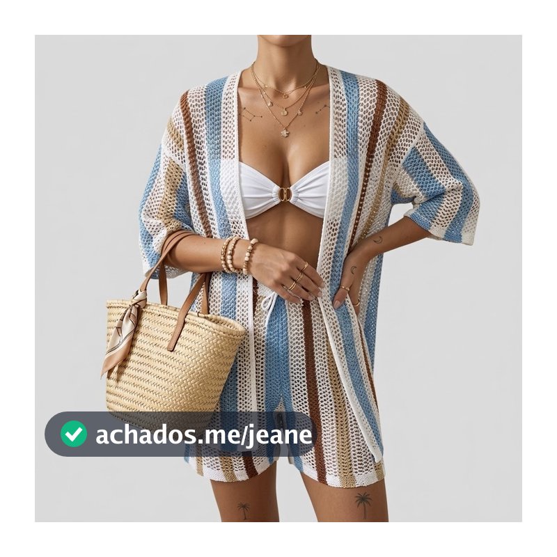 Conjunto 2 peças Saída de Praia Boho Chic Feminino Chamise Shorts Tricot Chique