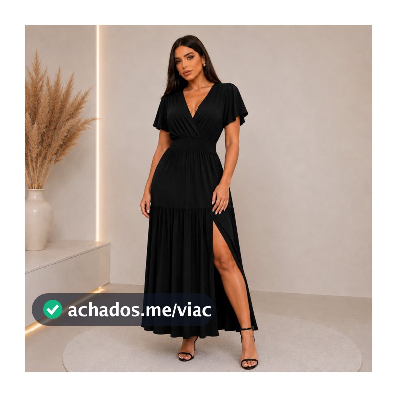 Vestido Longo Feminino Com Fenda e Decote V Elegante Em Tecido Duna Premium Para Festa P ao GG