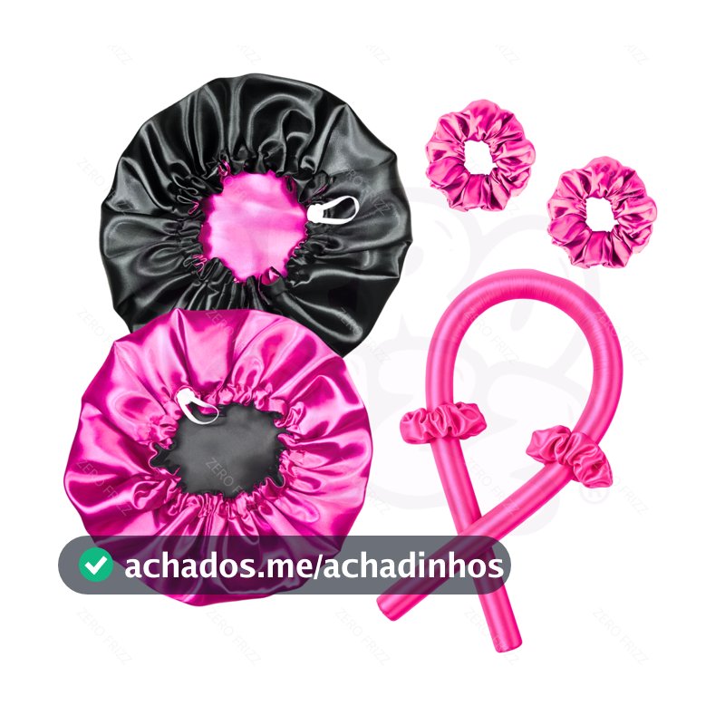 kit cetim touca cetim dupla face ajustável + modelador curling rod + scrunchies