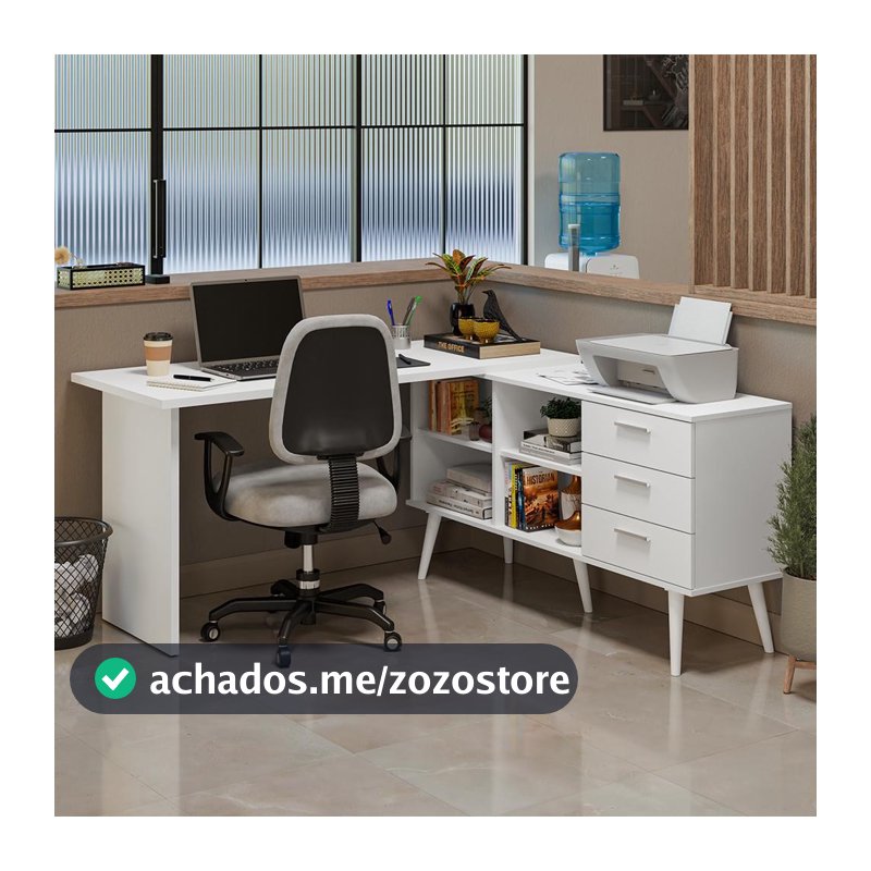 Mesa de Escritório em L 3 Gavetas Branco Lisboa Madesa