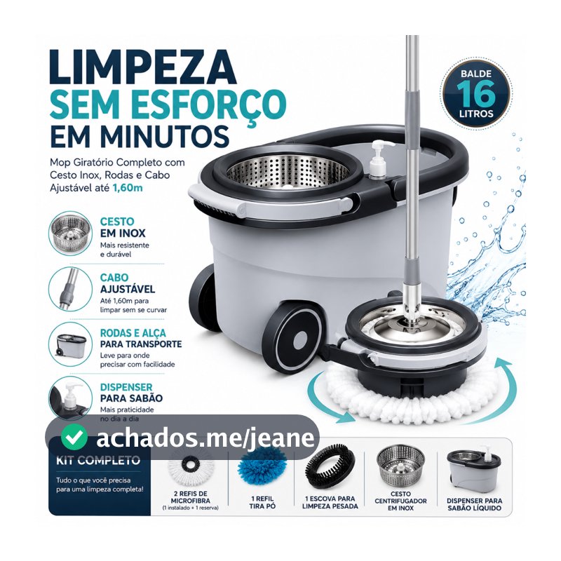 Mop Giratório Com Cesto Em Inox Cinza - Cabo 150cm - Completo - CH