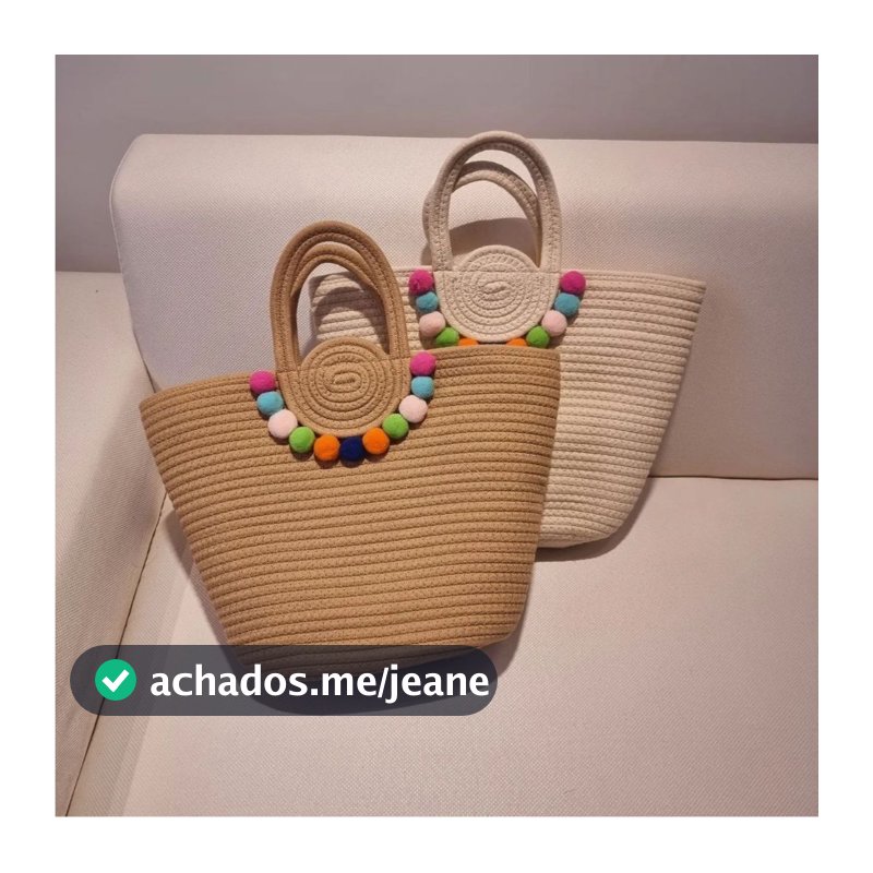 Bolsa de Praia com Bolinhas feminina Bolsa De Praia e Passeio De Alça De Mão e Fecho De Zíper Com Pompom