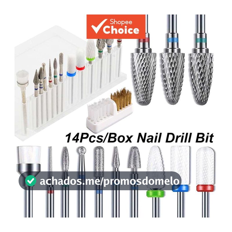 Conjunto de 14 peças com brocas e escovas 3/32 para unhas – remoção de cutículas em gel acrílico para manicure/pedicure
