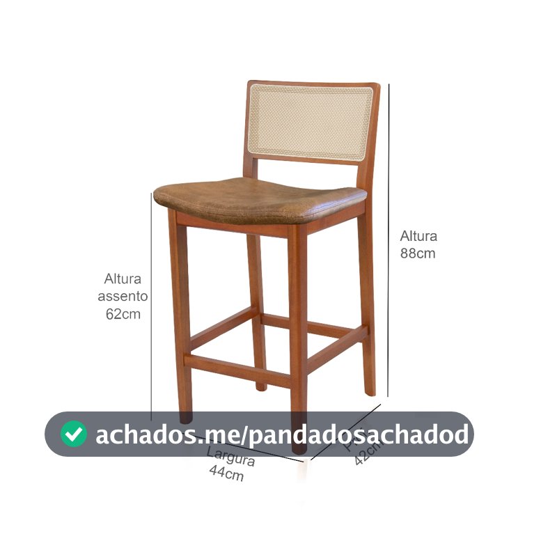 Banqueta para Ilha Média/Baixa Madeira Maciça com Encosto Telinha Estofado Linho ou Corino Caramelo