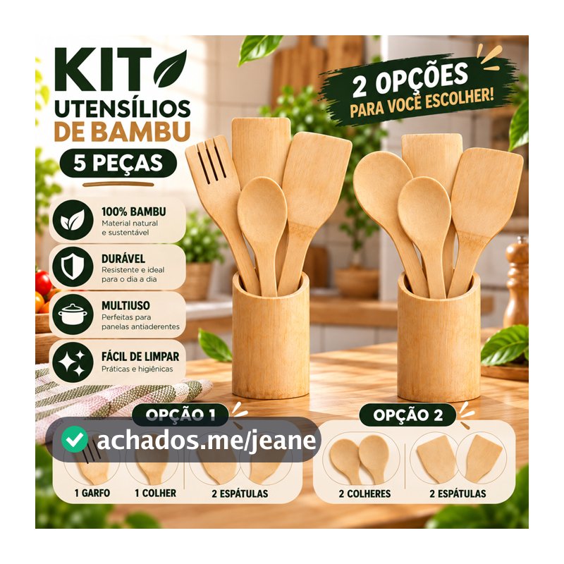 Kit Utensílios de Bambu 5 Peças com Suporte Colher Garfo Espátula ENVIO IMEDIATO