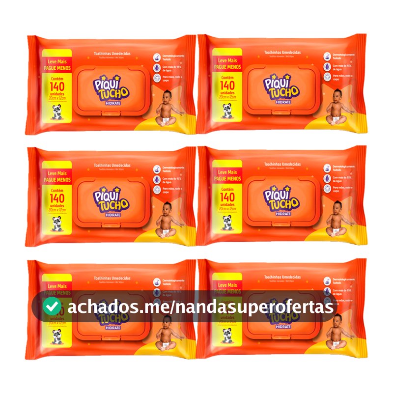 Kit Econômico 6 Toalhas Lenços Umedecidos Piquitucho 140 Folhas Bebê Hidrate Sem Álcool
