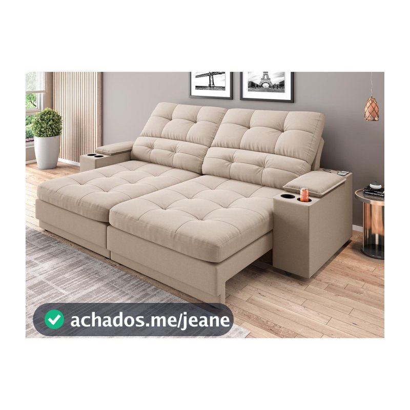 Sofá com Porta Copos e Carregador USB Eureka 2,00m Assento Retrátil e Reclinável Velosuede - NETSOFAS