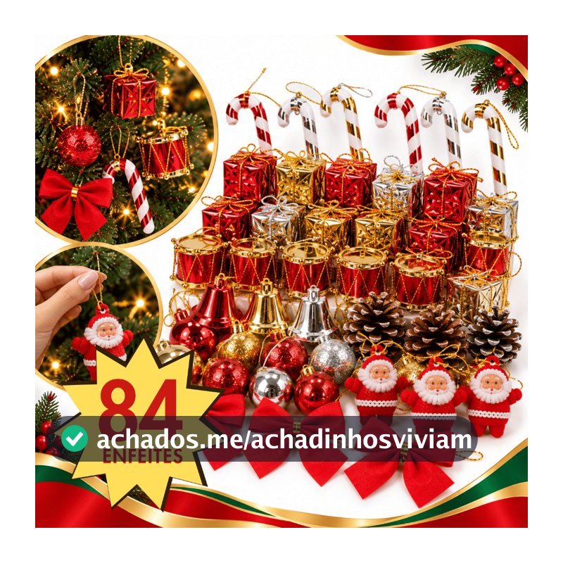 Kit 42/84 Enfeites Decoração Natalina Para Árvore de Natal Guirlanda Pendente Bolinhas Laço Papai Noel