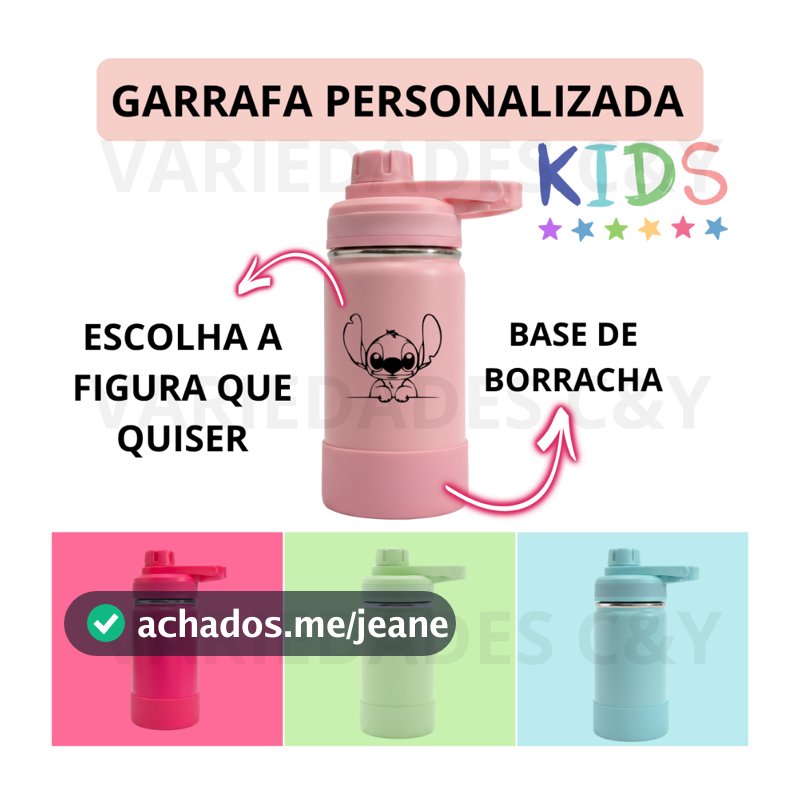 Garrafa Térmica Infantil 350ml Inox Personalizada com Nome Desenho e Base de Borracha