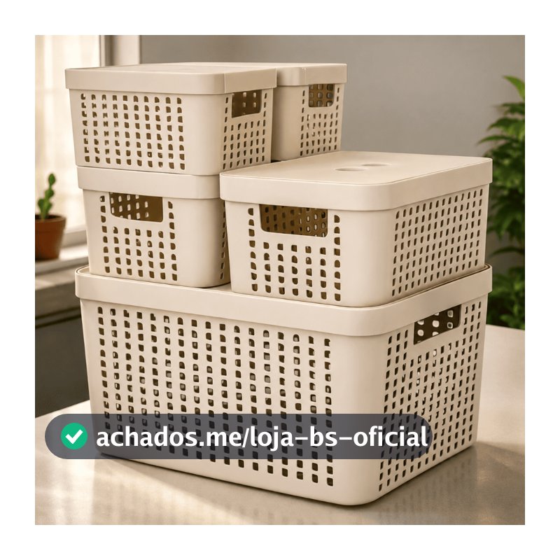 Kit 5 Caixas Organizadoras com Tampa Cesto Grande de Plástico 2 Litros 4,5 Litros 17 Litros