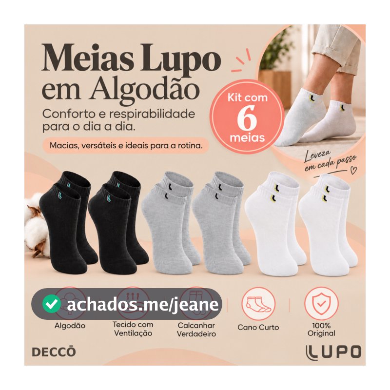 Kit De 6 Pares Meias Lupo Kids Infantil Cano Curto Algodão Tamanho 24 ao 35