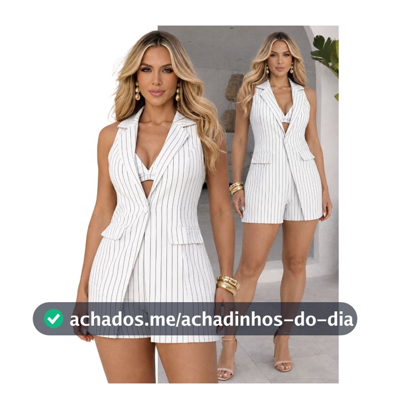 Conjunto Feminino Blazer Colete Top e Shorts Alfaiataria 3 Peças