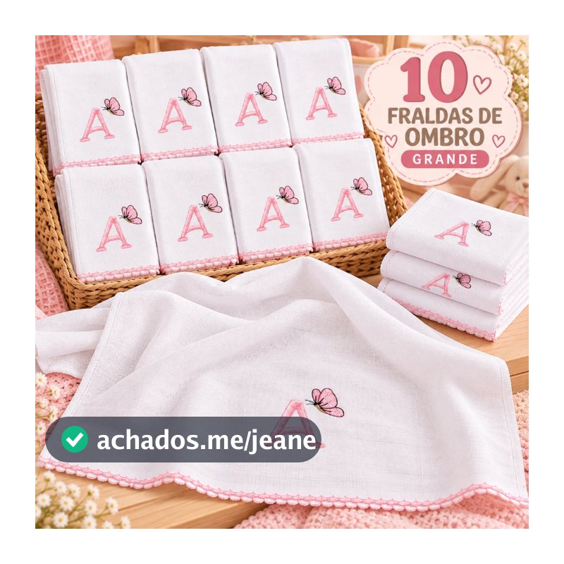 Kit 10 Ombro Fralda Personalizado Com Inicial Do Nome Do Bebe Grande 68x68 Hipoalergênico Bordado
