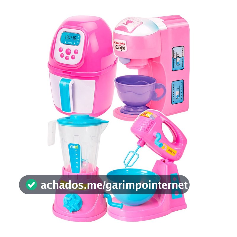 Kit Com 4 Brinquedo De Cozinha Cafeteira Air Fryer Batedeira Liquidificador Faz De Conta Menina