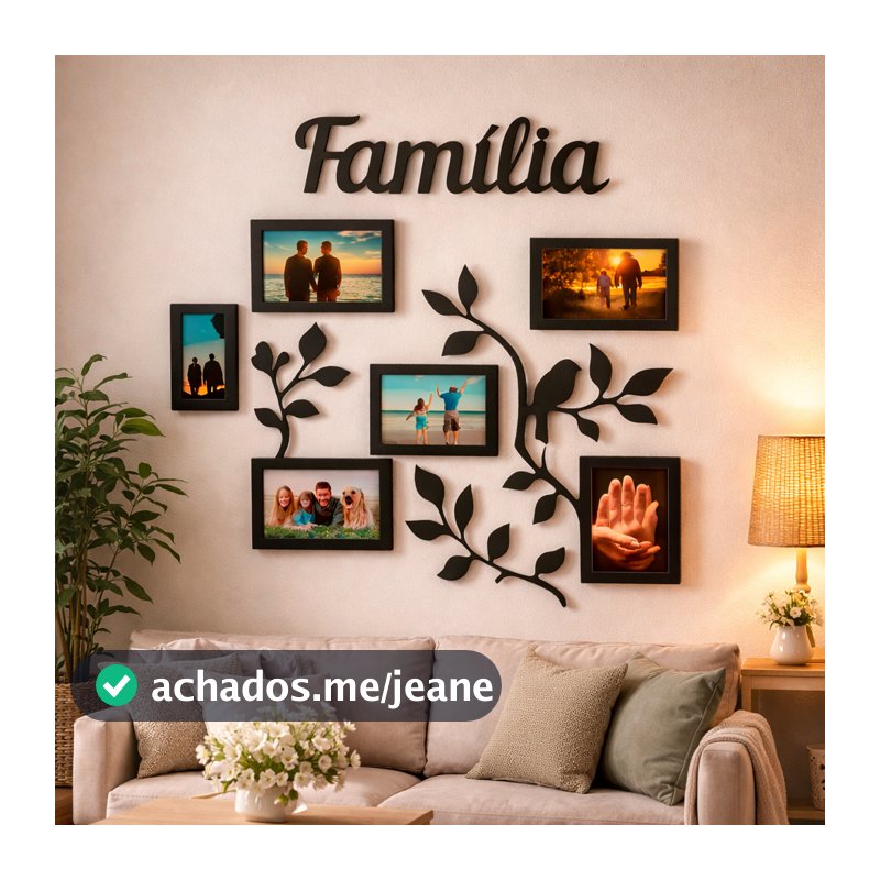 Painel Porta Retrato Parede MDF Familia 6 Fotos Decorativo Moldura Preta Galhos Enfeite Sala Quarto Grande Organizador