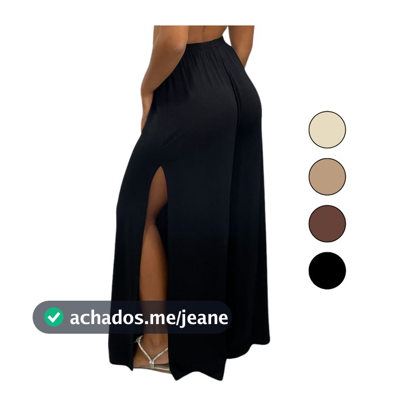Calça Pantalona Feminina Cintura Alta Elástico na Cintura com Fenda Lateral de Malha Viscolycra Leve