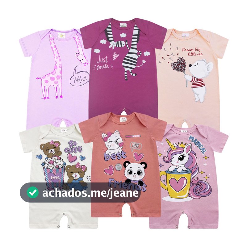 KIT 4 Peças Macacão curto Cores Sortidas Menina, Romper infantil bebê menina, banho de sol verão, P ao GG.
