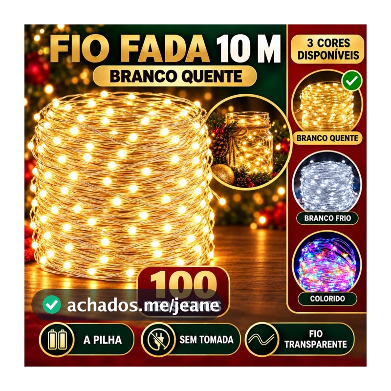 Fio De Fada 100 Leds 10 Metros IP44  Bateria Cordão Pisca Luzes Festa Decoração Árvore Natal LuvinCo