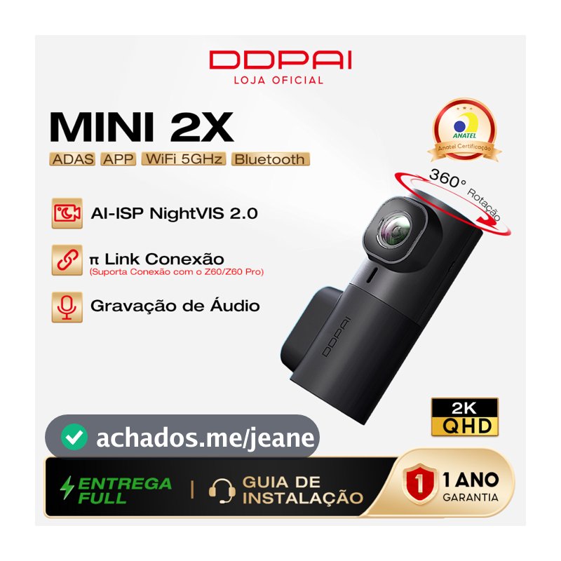 DDPAI Mini 2X Câmera Veicular 1440P 2K QHD 360° Rotação Visão Noturna Superior 5G WiFi Controle APP