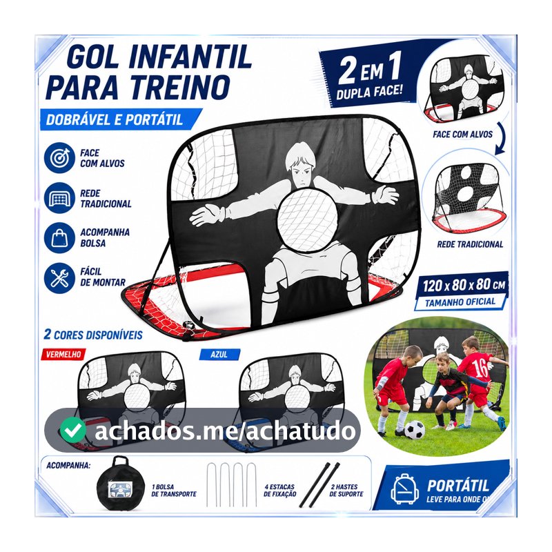 Gol Futebol Infantil Dobrável 120x80cm Rede Alvo Treino Pontuação 1‑2Un Preto‑Vermelho Preto‑Azul
