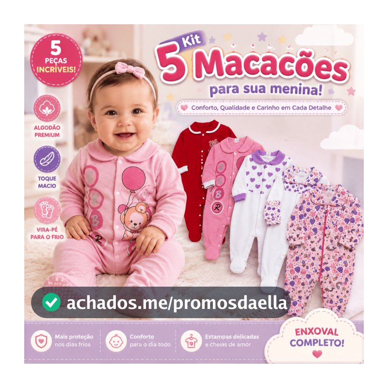 Kit 5 Macacões Bebê Menina Algodão Vira Pé Inverno Estampado Macio Confortável Enxoval