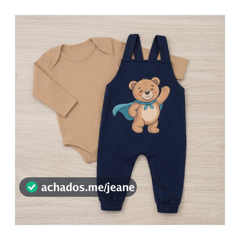 CONJUNTO JARDINEIRA LONGA BEBE ESTAMPADA URSO.