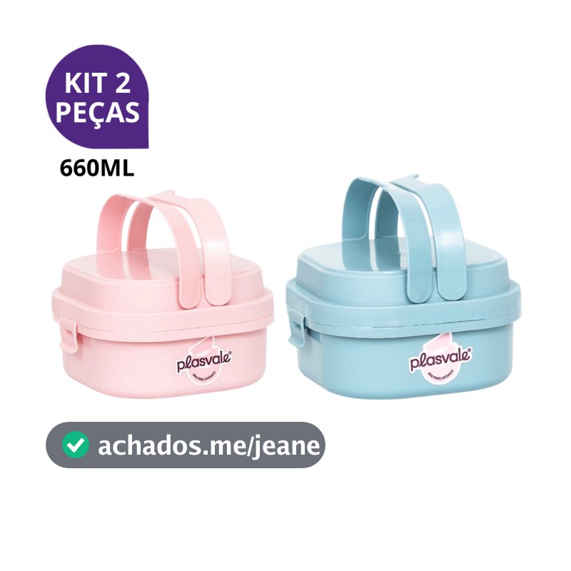 Kit 2 Potes Hermético Marmita Fit Com Alça e Divisórias Prática Plasvale Adulto e Infantil