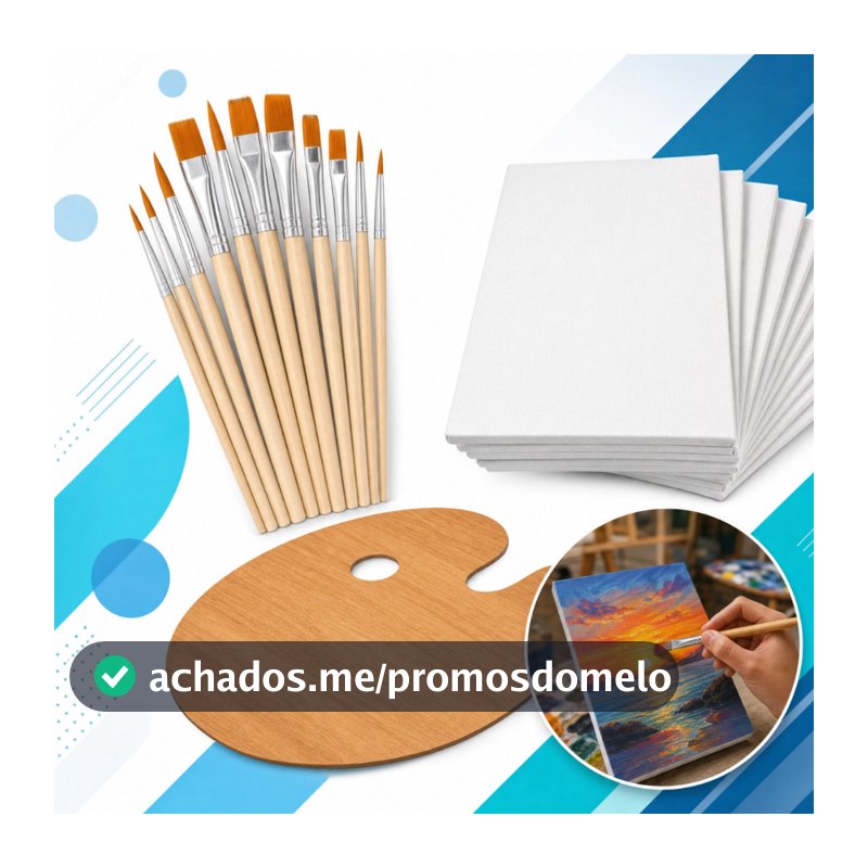 Kit Pintura Completo 12 Pincéis + Paleta Madeira + 10 Telas 10x15cm Artesanato  + Variação Tinta