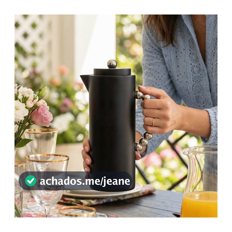 Garrafa Térmica 1L Preta Alça Bolinhas Esferas Prata Garrafa Café Chá Servir Mesa Posta Elegante