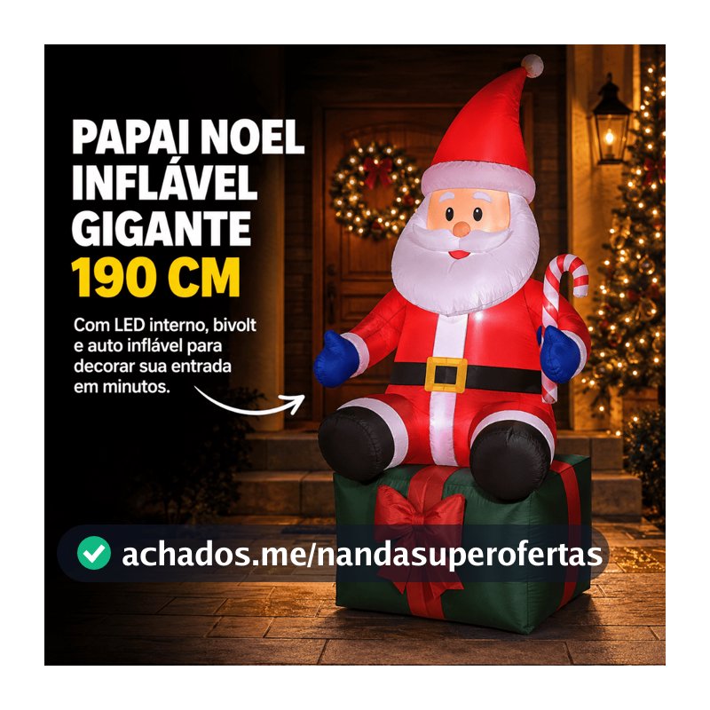 Papai Noel Inflável Gigante 1,90m com LED Bivolt Auto Inflável Sentado no Presente Decoração de Natal