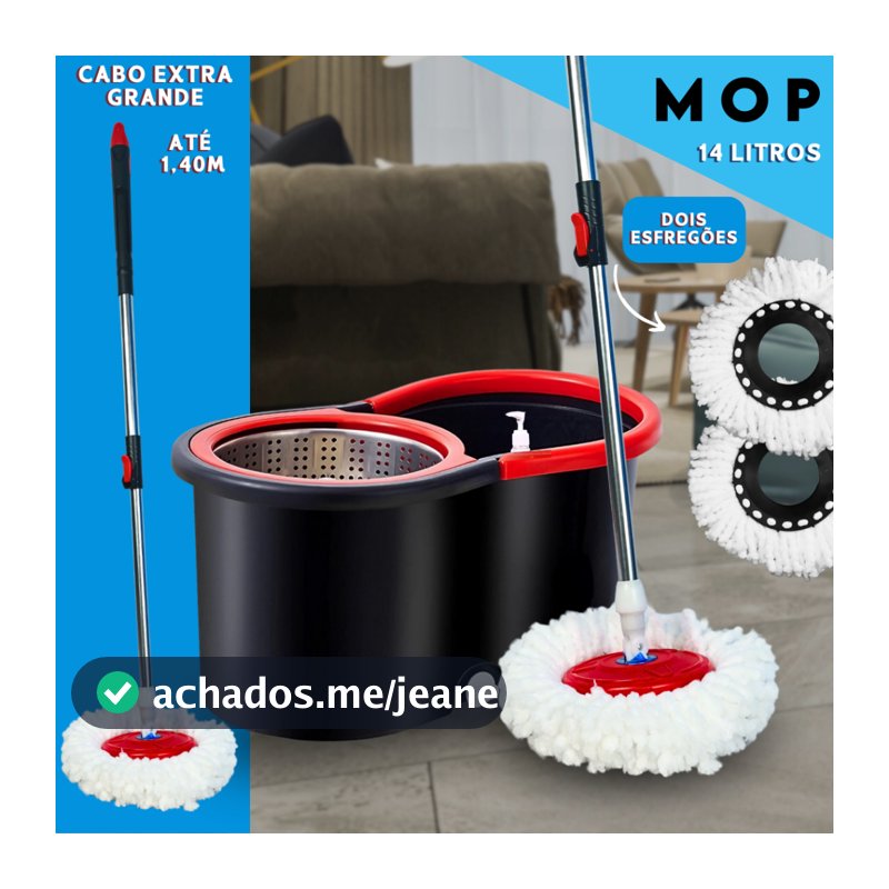Mop Giratorio Com cabo de 140 cm Cesto Em Inox - Balde Centrífuga - C/2 Refil