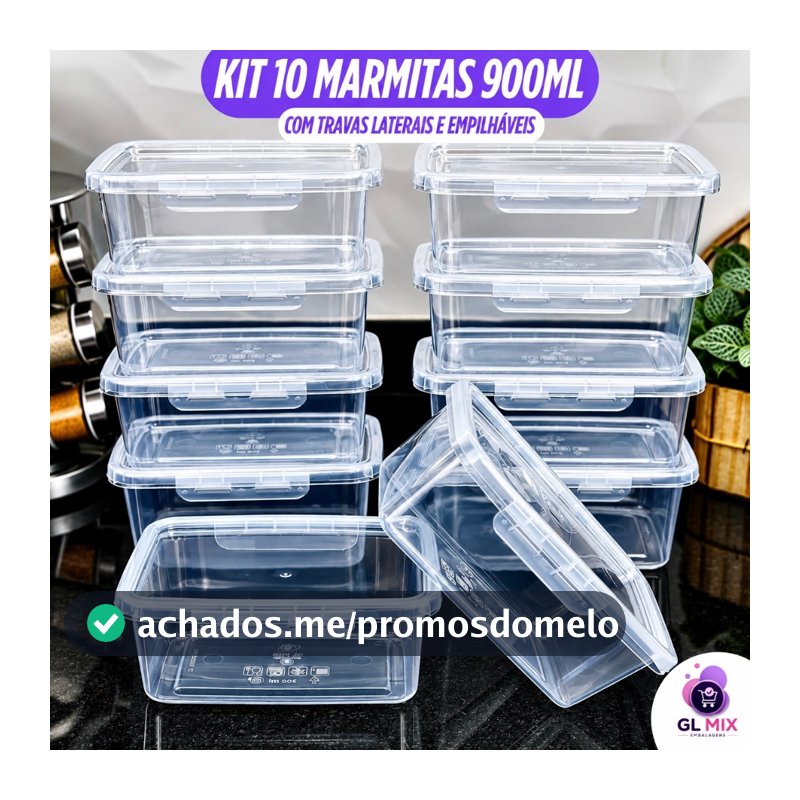 Kit 10 Marmita 900ml com Travas GL Mix Livre BPA Premium Alta Vedação Microondas Freezer Lava Louças