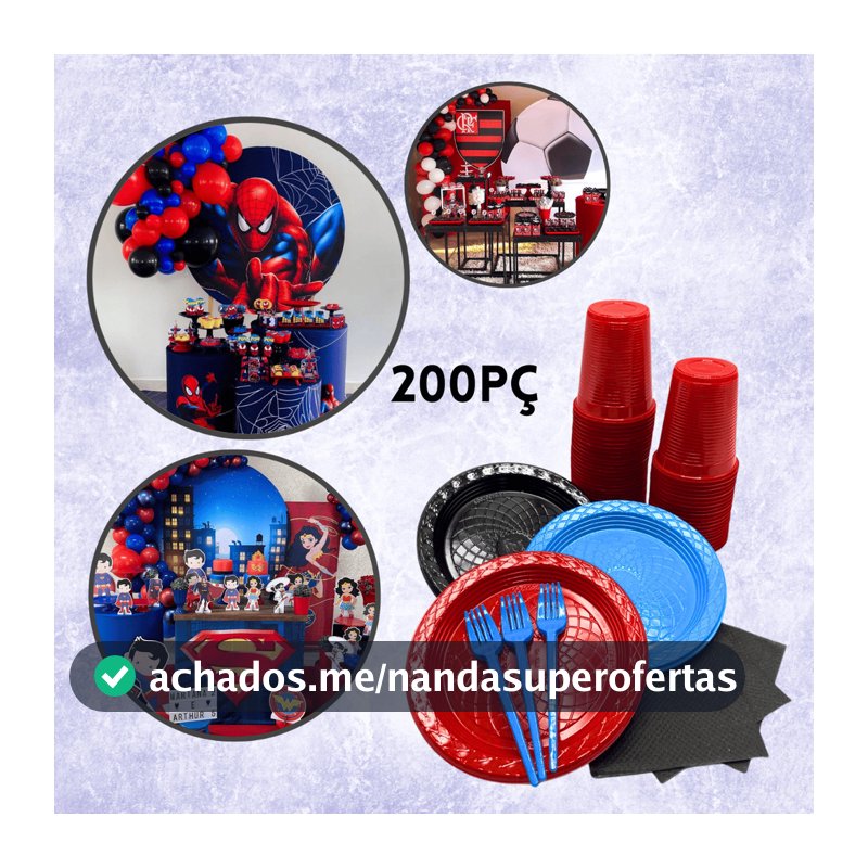 Kit Festa Aniversário Descartável 200 Peças Temático Criança Personagens: 50 Pratos, 50 Copos, 50 Garfos 50 Guardanapos