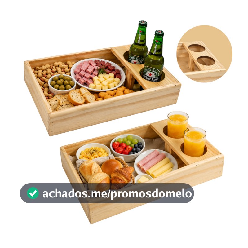 Bandeja para Café da Manhã Suporte Suco Petiscos Cerveja Copo Sofá Long Neck 30x20x6 Madeira Rústico