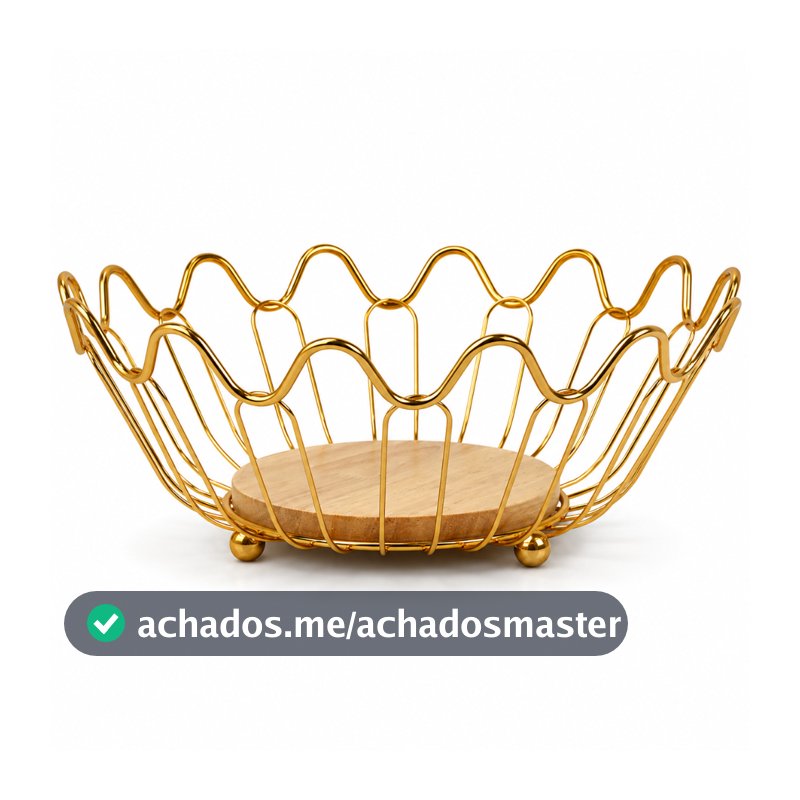 Fruteira de Mesa Aramada Metal Dourado 27cm com Base de Madeira Organizador Decorativo Premium