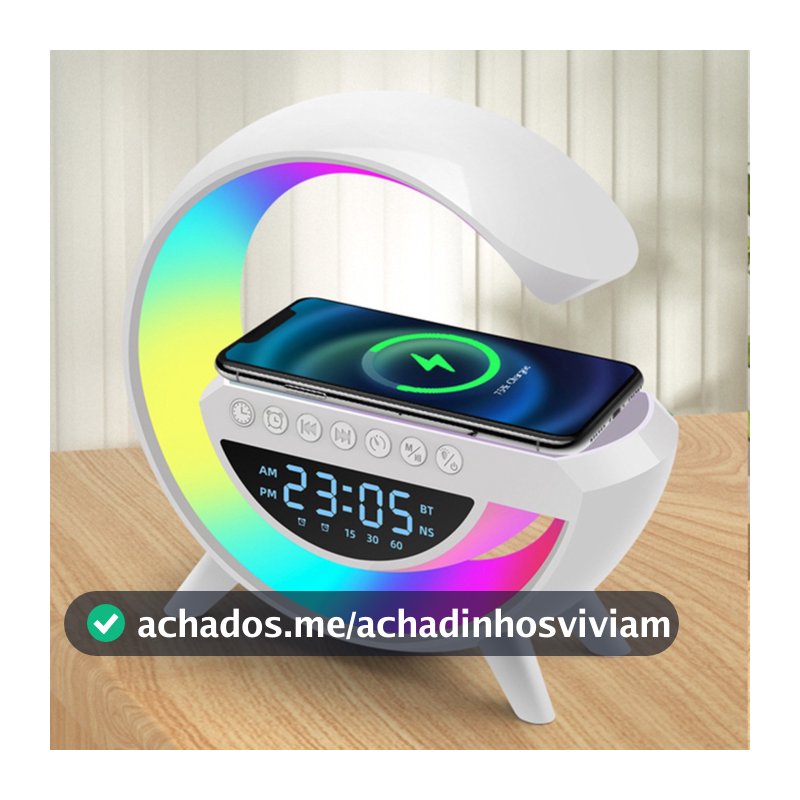 Caixa de Som Bluetooth 5.3 com Luminária LED RGB Relógio Despertador e Carregador Sem Fio 10W