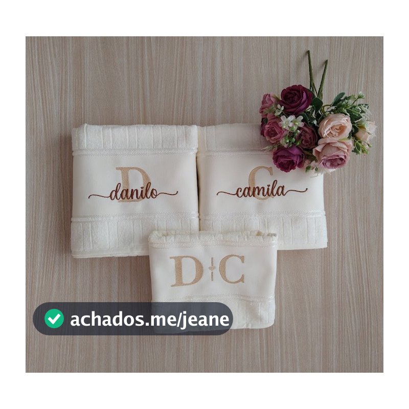 kit toalhas de banho/rosto 03 peças cor CREME/Natural bordadas com nomes- Presente de casamento