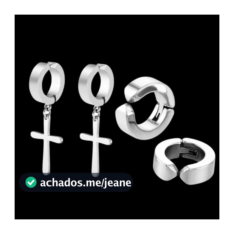 Kit 2 Pares de Brinco Cruz Prata Pressão e Argola Prata Masculino Feminino