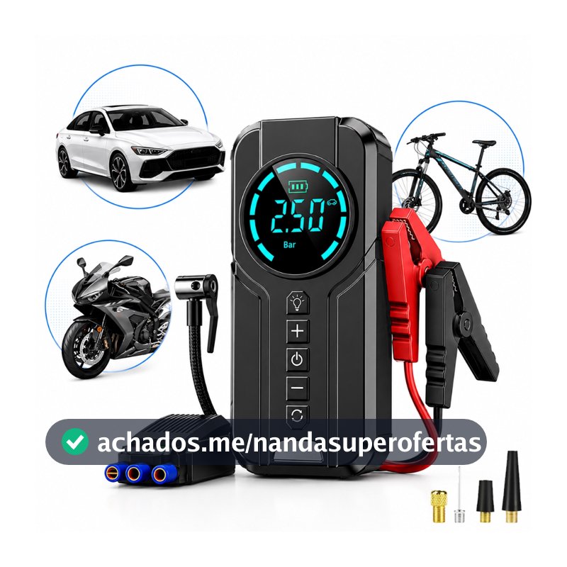 Auxiliar de Partida Carregador Bateria Com Compressor de Ar Emergência Portátil Veicular Automotivo