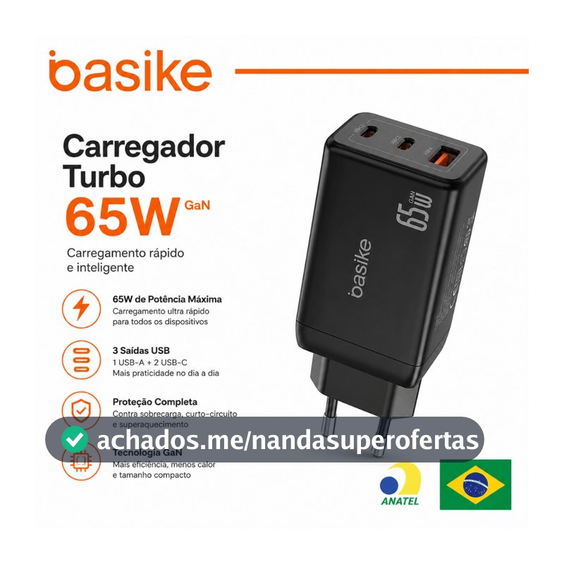Basike 65W Carregador GaN Turbo 3 Portas USB-C USB-A PD PPS Para iPhone Samsung Xiaomi