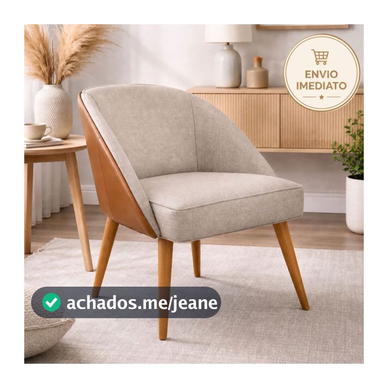 Kit 2 Cadeira Decorativa Lua para Sala de Estar ou Recepção Tecido Linho com Encosto Corino Cappuccino
