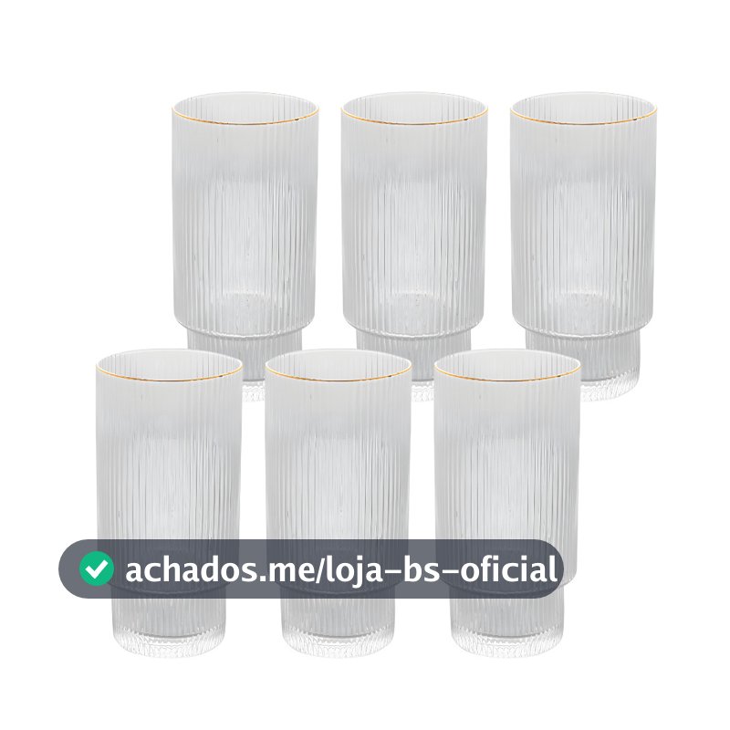 Jogo 6 Copos De Vidro Canelado Grafiatto Alto Borda Dourada Agua Suco 310mL