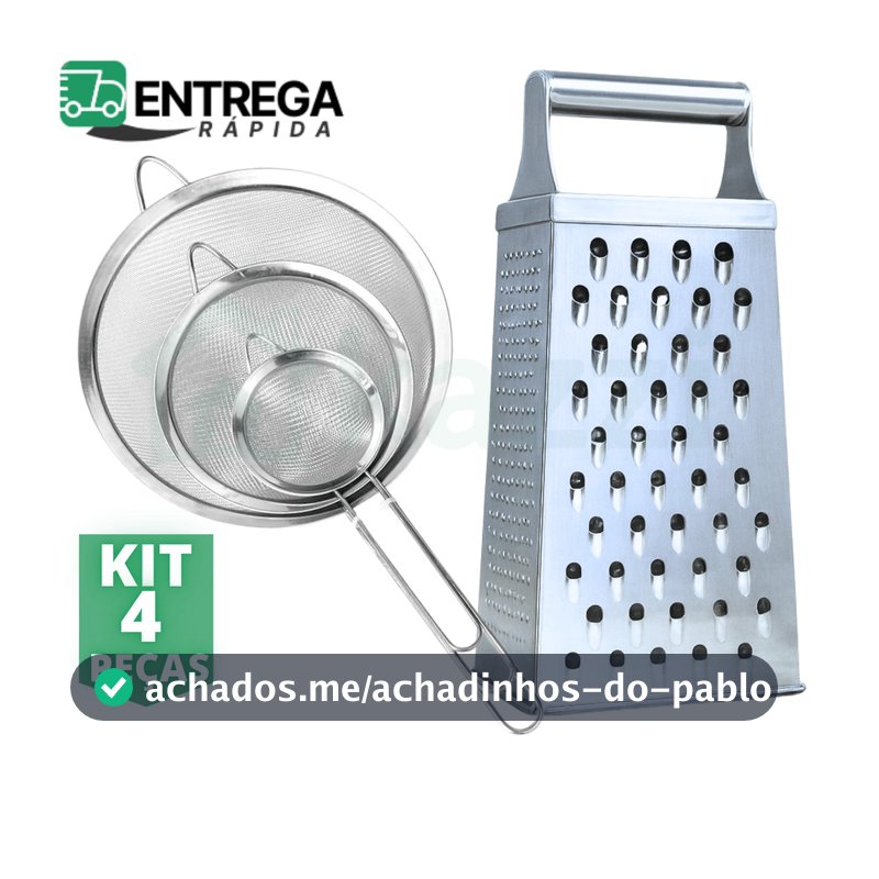 Kit 4 Peças Ralador 4 Faces Inox 3 Peneiras de Multiuso Inox de 8cm 10cm 12cm Utensílios de Cozinha