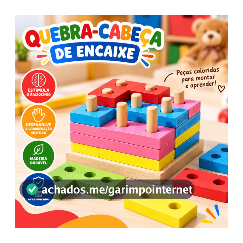 Brinquedo Pedagógico Montessori Encaixe Divertido Formas Mdf Tetris Encaixes Colunas Cores e Formas