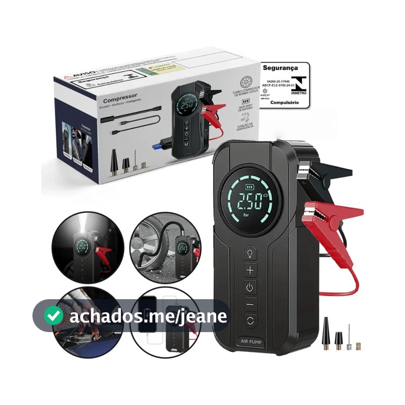Auxiliar de Partida Carregador Bateria Com Compressor de Ar Emergência Portátil Veicular Automotivo FLUX
